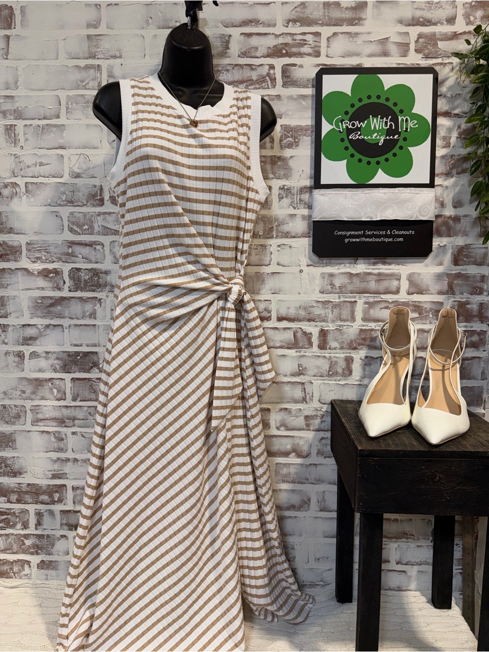 Evereve aster Beige and White Striped Tie-Front tank Maxi Dress ribbed